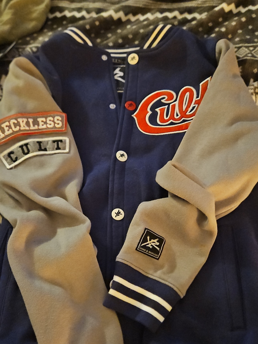 Young & Reckless Navy and Gray Varsity Jacket with Red Script